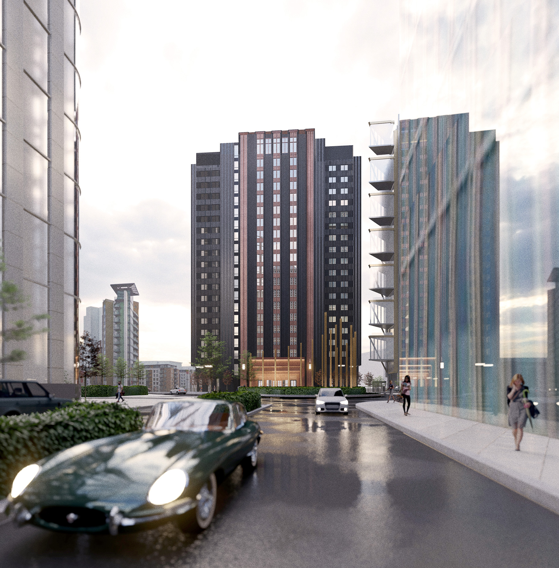 Render of modular wood wharf b2 building at canary wharf designed by Peter Dann engineers London