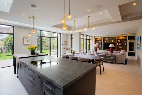 Interior view of open plan kitchen and living space