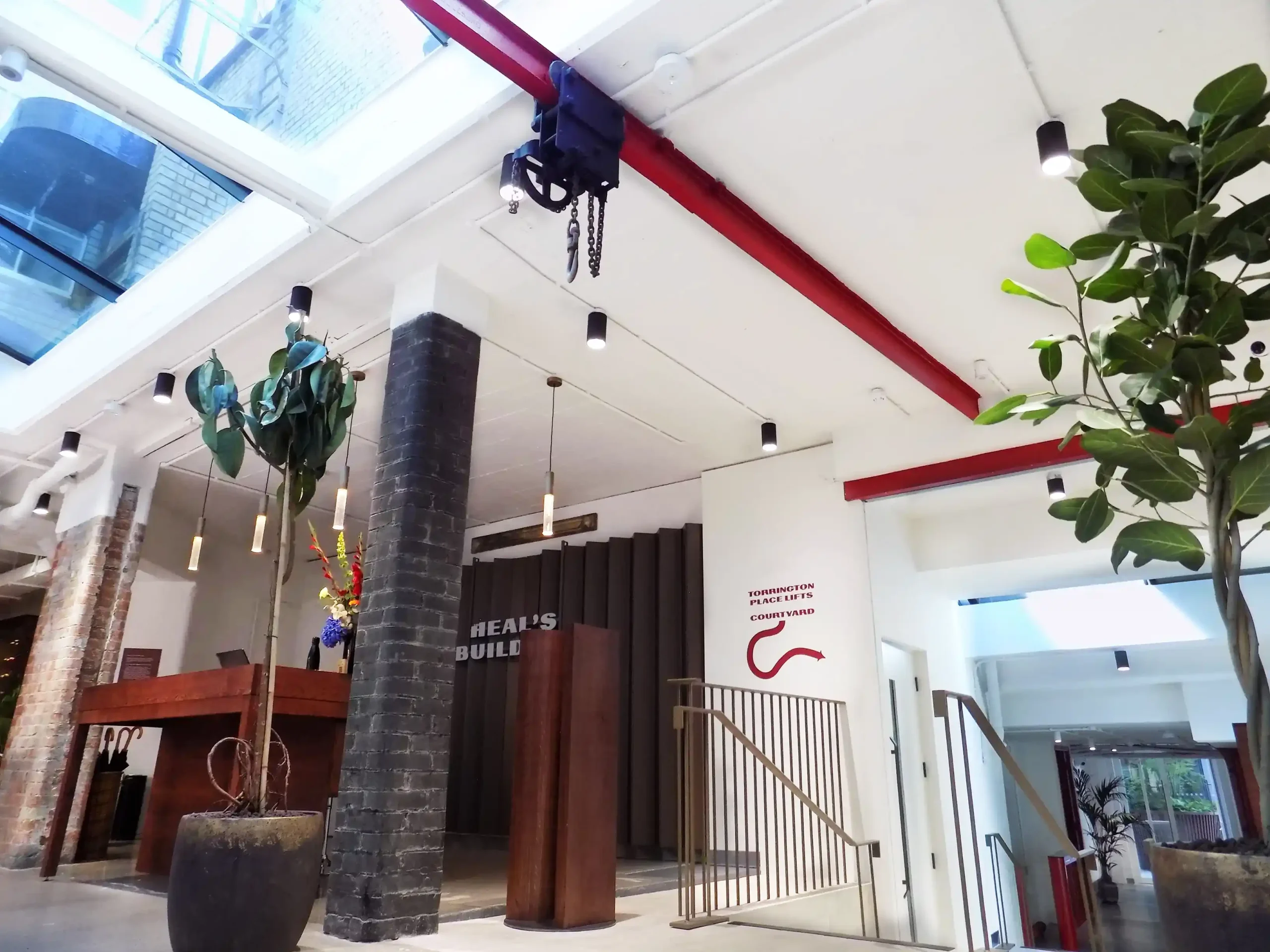The Heals Building refurbishment commercial entrance reception with skylight
