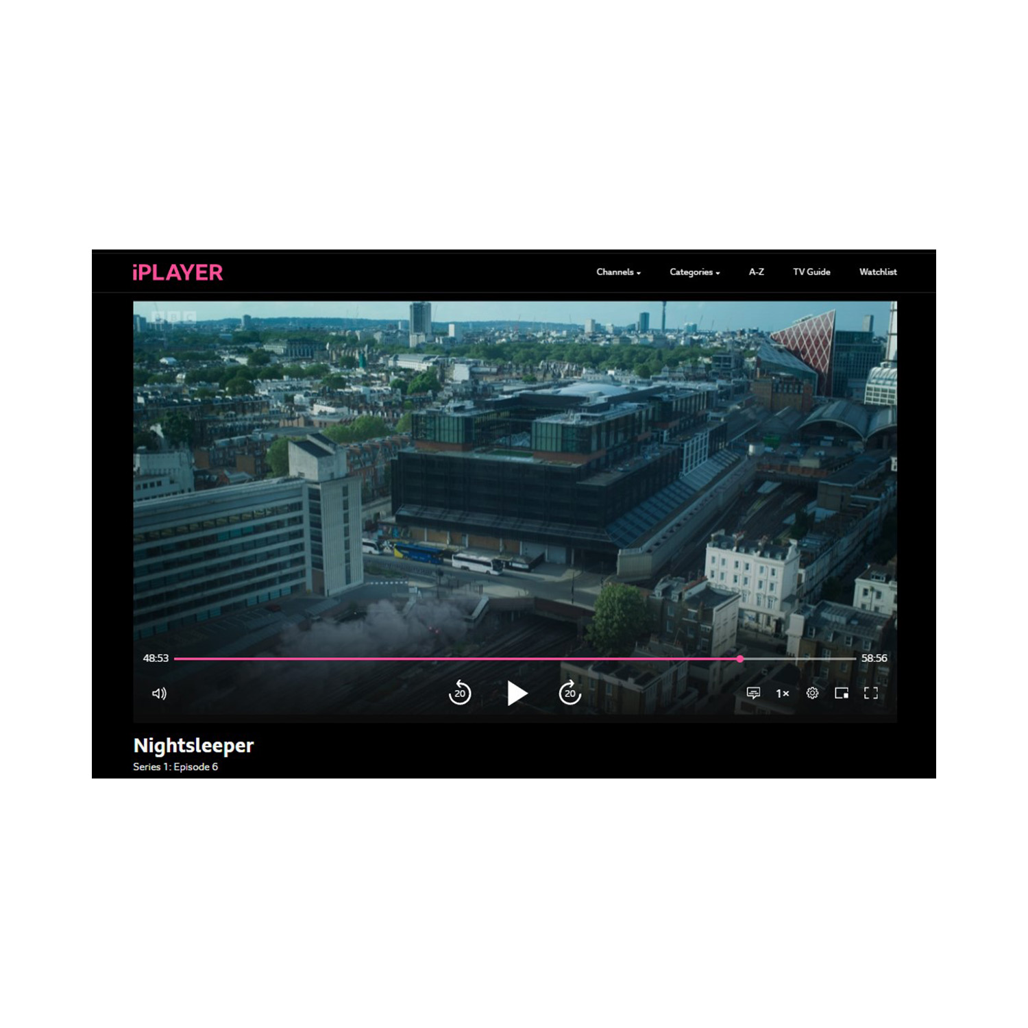 Frame from BBC drama Nightsleeper showing HUB Victoria building from the air above London Victoria Train Station as train speeds into the platform