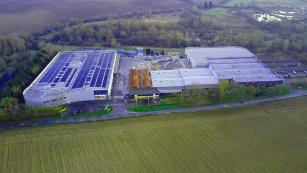 Cocoa Factory surrounded by english countryside as seen from birds eye view