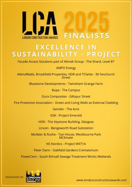Golden list of Finalists for the London Construction Awards including Peter Dann in the Sustainability Project category