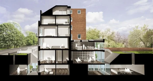 town house with retrofit basement render