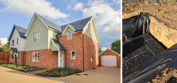 Detached house with permeable paved driveway and a soakaway of geocellular crates