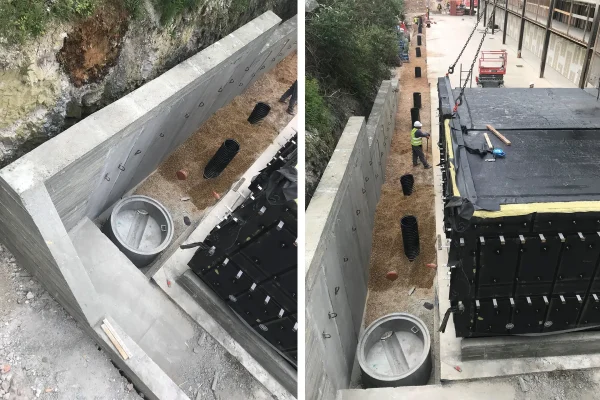Prefabricated retaining walls on a modular hotel site