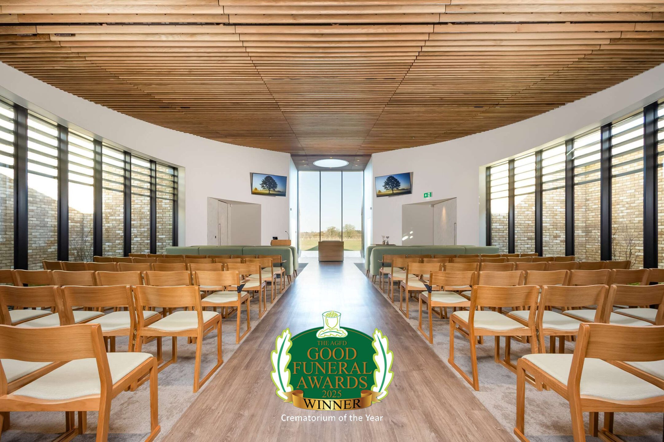 service hall at oakfield gardens crematorium with logo of the good funeral awards 2025 winner