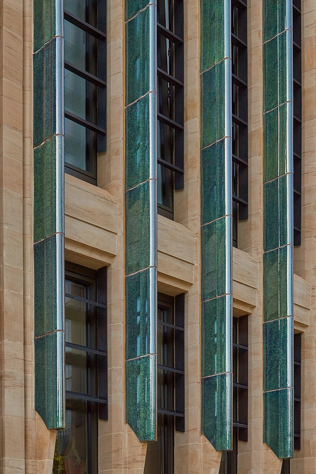 Blue terracotta fins on the exterior of the Leicester Cathedral Heritage and Learning centre extension